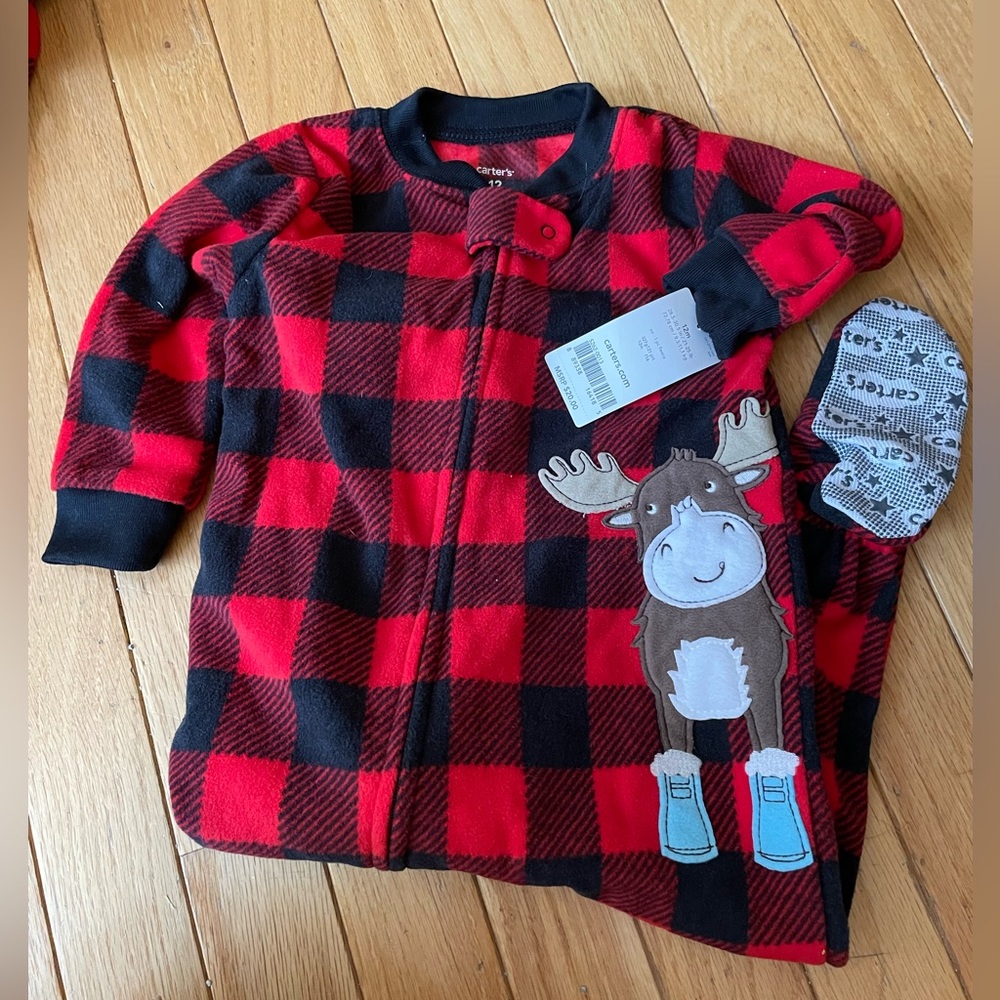 NWT Carters Moose Red Buffalo check grippy bottom footie pajamas
